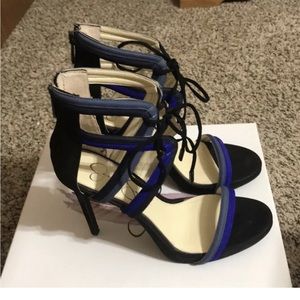 Jessica Simpson sz 7.5 blue purple gray combo tie rio nuebuck high heel sandals